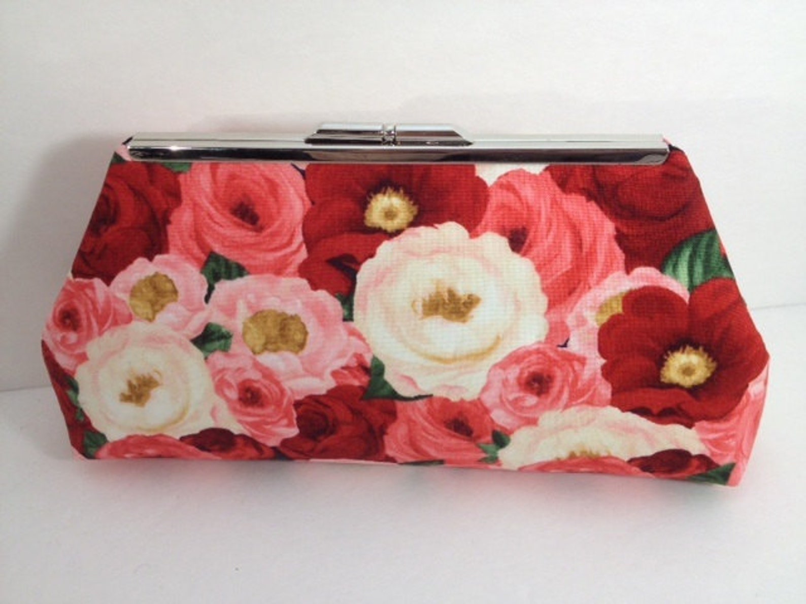 Beautiful Rose Print Clutch Purse With Gold Finish Snap Close Etsy