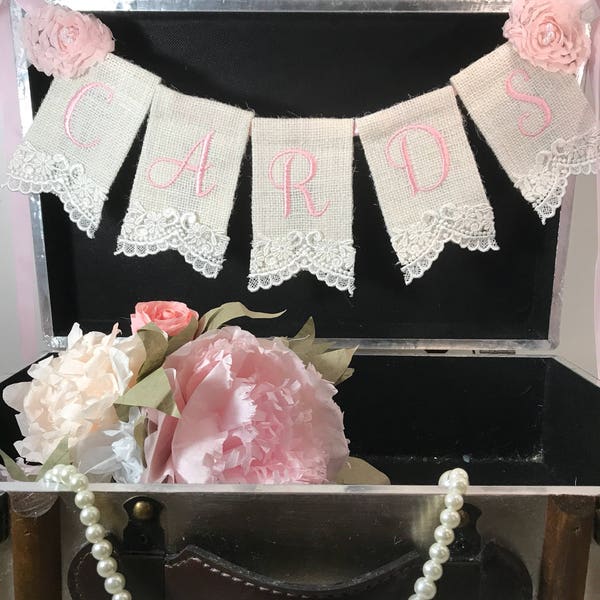 Pink and ivory Vintage look Cards Burlap Lace  Banner, Wedding Decor, Bridal Shower Gift, Shabby Chic Bridal Decor, Suit case Banner