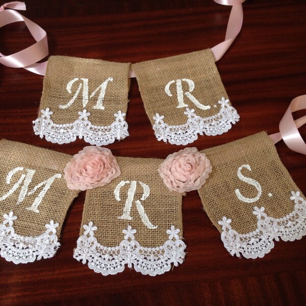 Mr and Mrs Burlap Lace Chair Banner/Wedding Decor/Bridal Shower Gift/Shabby Chic Bridal Decor