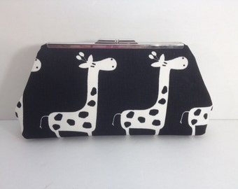 Fun Black with White Giraffe Clutch Purse with Silver Finish Snap Close Frame, Giraffe Purse, Animal Print, Black White Clutch