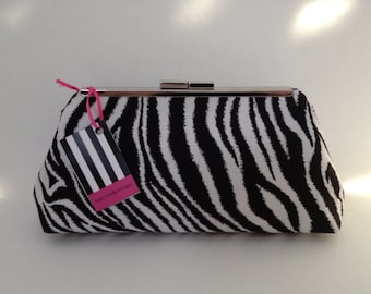 Black and White Zebra Print Clutch Purse with Gold tone Finish Snap Close Frame