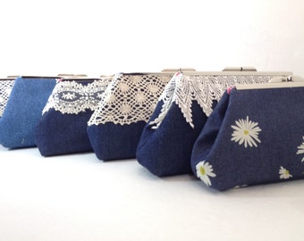 Multiple Clutch Discount Blue Jean and Lace Clutch Purses with Nickel/Silver Finish Frame, Bridesmaid Clutch, Purse, Wedding, Nautical