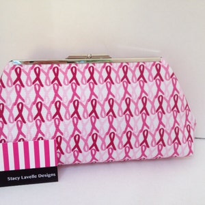 Pink Ribbon Print Clutch Purse with Silver Finish Snap Close Frame