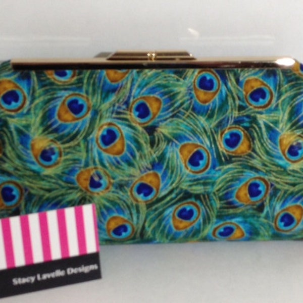 Beautiful Green and Blue Peacock Print Clutch with Gold tone Finish Snap Close Frame