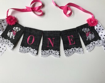 Dalmatian Dog First Birthday High Chair Banner: Pink Burlap Decor