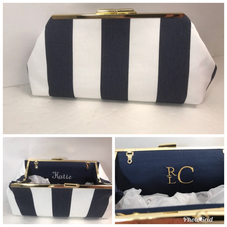 Navy Blue and White Stripe Cotton Clutch Purse With Etsy