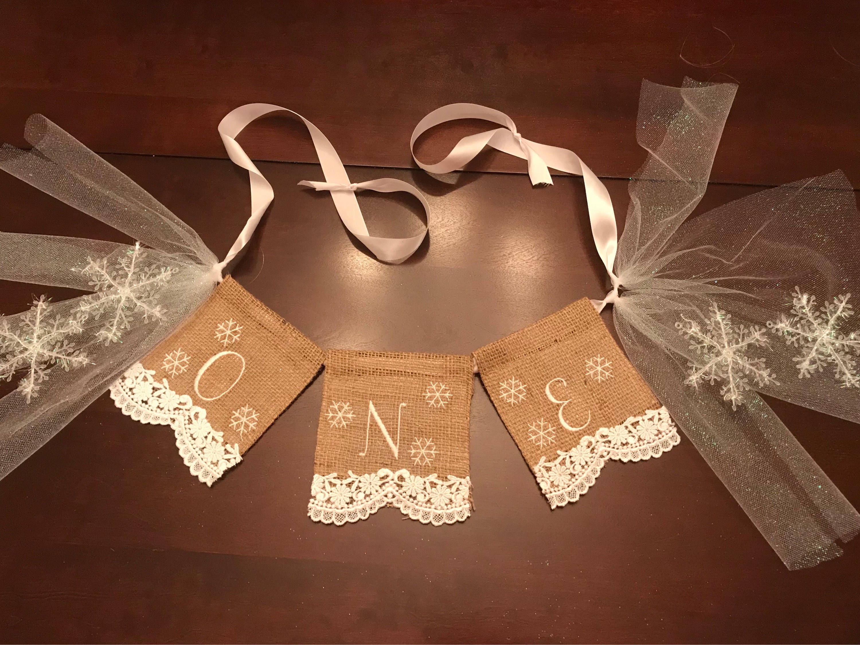 Snowflake And Lace Baby S First Birthday High Chair Banner One Snowflake And Lace Baby S First Birthday High Chair Banner One Burlap Shabby Chic Pearls Girlie Ribbon