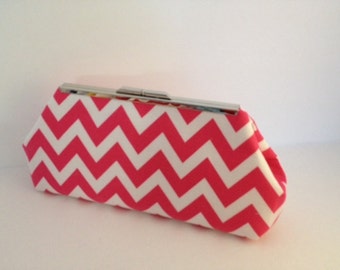 Neon Pink and White Chevron Clutch Purse with Silver Finish Snap Close Frame