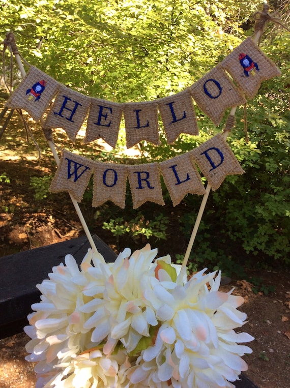 Rocket Space Theme Hello World Custom Burlap Cake Banner Etsy