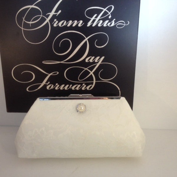 Ivory Lace Over Ivory Satin Clutch Purse with Pearl Rhinestone, Bridesmaid Clutch, Bridal Purse, Wedding, Bridesmaid Gifts, Special Occasion