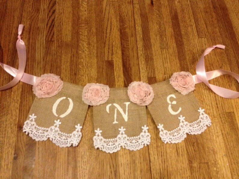 Shabby Chic Lace and Ribbon Girlie Lace Pearls Burlap Baby/'s First Birthday High Chair Banner; Regular Burlap banner