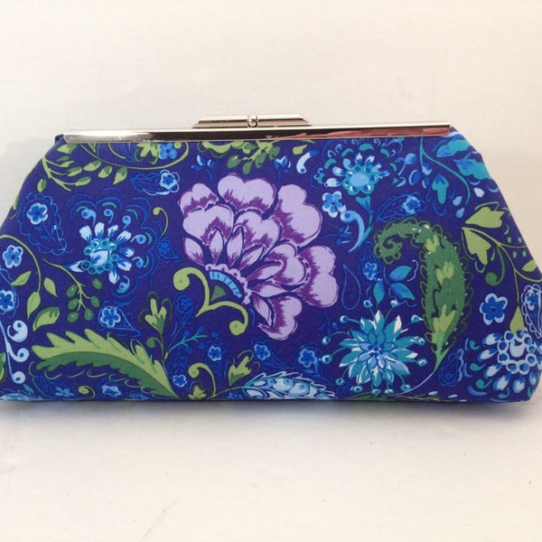 Royal Blue Floral Print Clutch Purse with Gold tone Finish Snap Close Frame, Bridesmaid, Wedding, Royal Blue, Teal