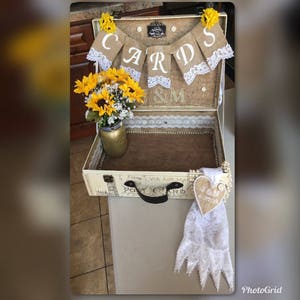 Rustic Wedding Suitcase Decor: Burlap Cards Banner, Personalized Heart