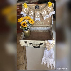 Cards and Bride and Groom personalized  Decoration for Suitcase, rustic wedding Decor, burlap lace suitcase kerchief decor