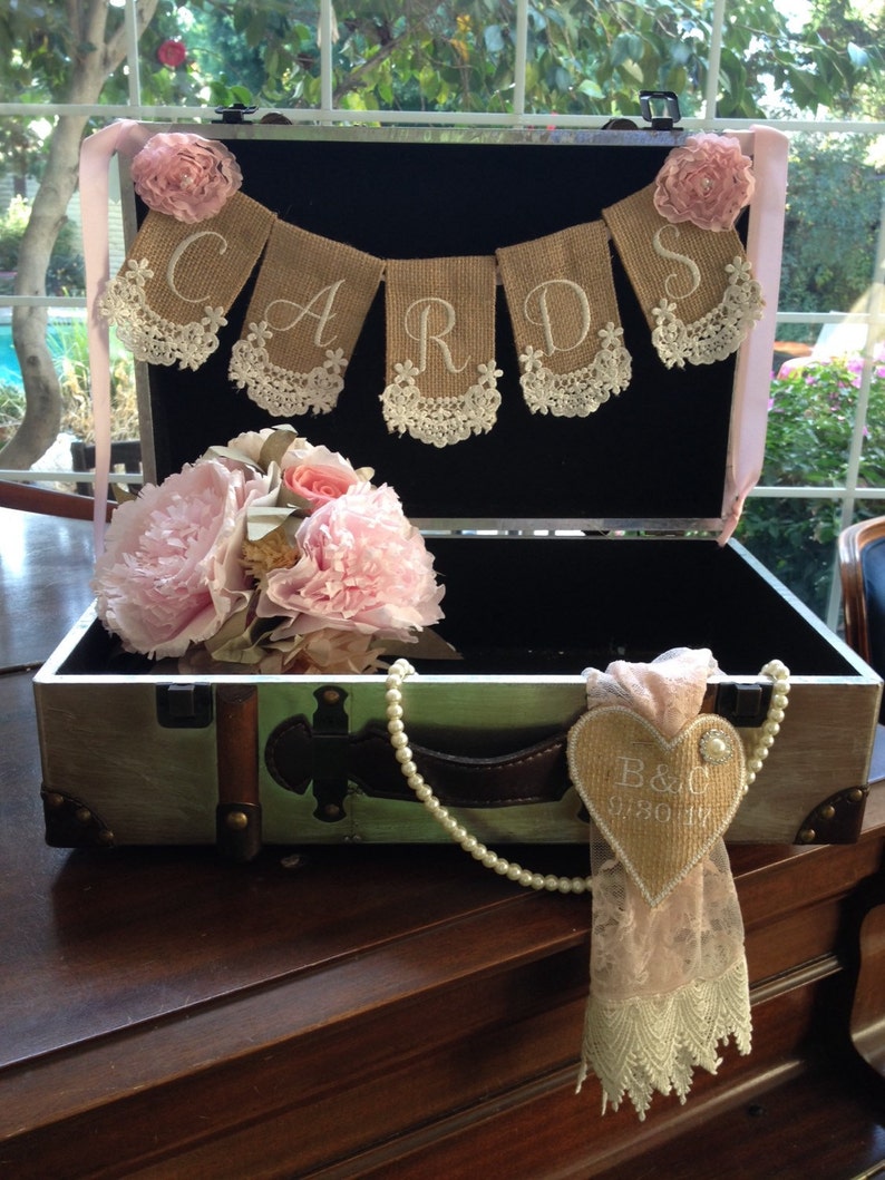 Cards and Bride and Groom personalized Decoration for Suitcase, rustic wedding Decor, burlap lace suitcase kerchief decor immagine 2