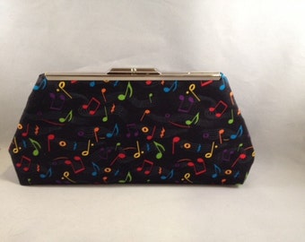 Colorful Music Note Print Clutch Purse with Gold tone Finish Snap Close Frame