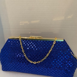 Royal Blue Sequin Clutch Purse with Silver tone Finish Snap Close Frame