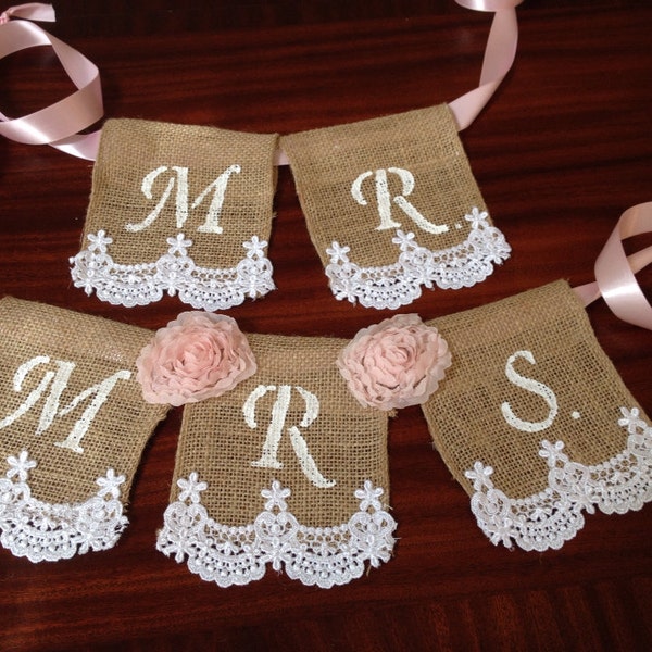 Mr and Mrs Burlap Lace Chair Banner/Wedding Decor/Bridal Shower Gift/Shabby Chic Bridal Decor/Bunting/Bridal/Shower decor/