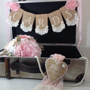 Cards and Bride and Groom personalized Decoration for Suitcase, rustic wedding Decor, burlap lace suitcase kerchief decor immagine 5