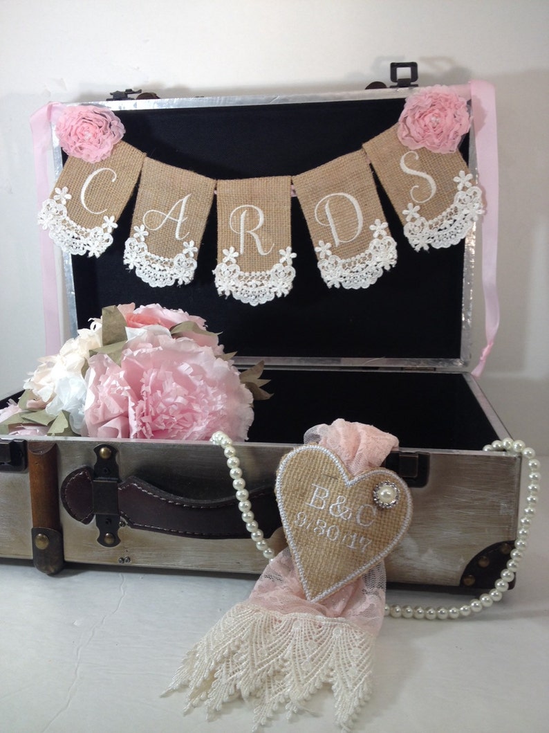 Cards and Bride and Groom personalized Decoration for Suitcase, rustic wedding Decor, burlap lace suitcase kerchief decor immagine 5