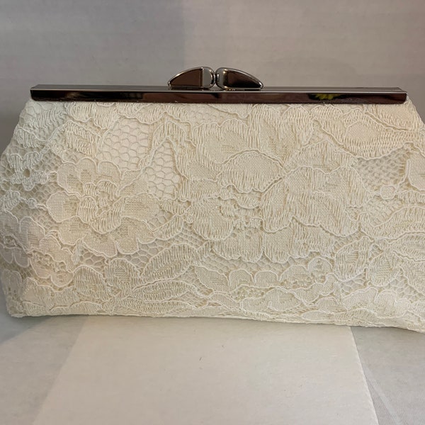 Ivory Lace Clutch Purse with Gold or Silver Tone Frame, Bridal Clutch, Wedding, Mothers Day Gift,  Bridal Shower Gift