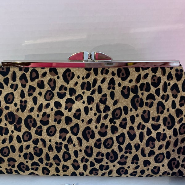 Leopard Print cotton clutch purse with Gold Finish Snap Close Frame