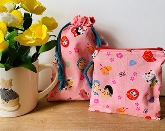 Made In Japan lucky cat & Mt. Fuji 100% cotton fabric zipper bag and drawstring bag with lining SET