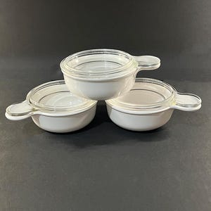 3 Corning Grab-It Bowls With Glass Lids: White Ceramic, Handles, P-150-B, 1980s to 2000