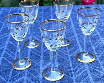 5 Toscany Sherry/Liqueur Glasses, Etched Leaves, Gold Rim, 1950s, Romania