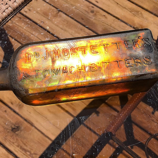 SALE! Rare Dr. J. Hostetter's Stomach Bitters Bottle, Opaque, Iridescent, W. McCully Glass Co, circa 1860-1886, Marked K