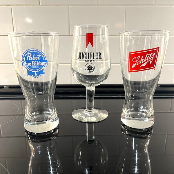 3 Vintage Beer Glasses With Beer Logos: 1 Schlitz Pilsner (Red Schlitz Logo), 1 Pabst Pilsner, and 1 Michelob Stemmed Glass, Circa 1970s