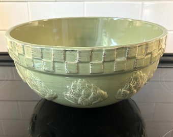 Large Avocado Green Mixing Bowl With Embossed Artichokes, "Home Grown" Pattern by Rivera Van Beers for Signature China, Glossy Glaze, 1990s