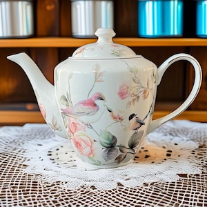 May include: A white porcelain teapot with a bird and floral design sits on a white lace doily. The teapot has a curved spout and handle. Behind the teapot are several colorful tea tins on a wooden shelf.