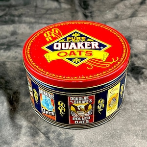 Quaker Oats Heritage Cookie TIn With Great Historic Colorful Label Graphics, Oatmeal Cookie Recipe, 7&quot; Diameter X 4&quot; Tall, 1983