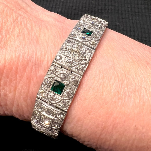 SALE! Antique Art Deco Bracelet, Flapper Bracelet, Silver Metal With Over 125 Crystal and Green Glass "Gems," 1920s, Rare and Beautiful!