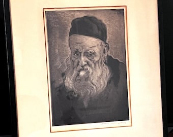 Original Etching! Portrait of a Rabbi by Joseph Margulies, Listed Artist, Judaica, Titled "Resignation," Circa 1950, Framed, Vintage Art