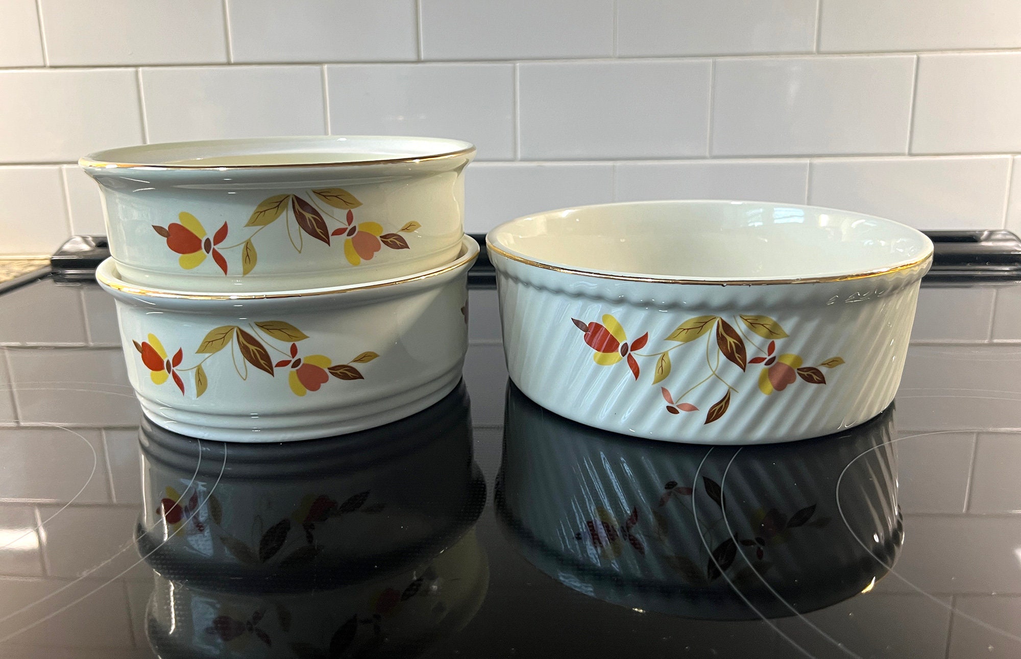 3 Hall China Autumn Leaf Casserole Dishes: Mid-century Stacking