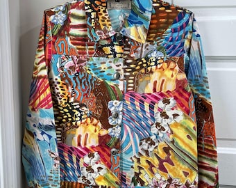 Vintage 80s Cropped Cotton Jacket: Abstract Floral Design, Petite Large