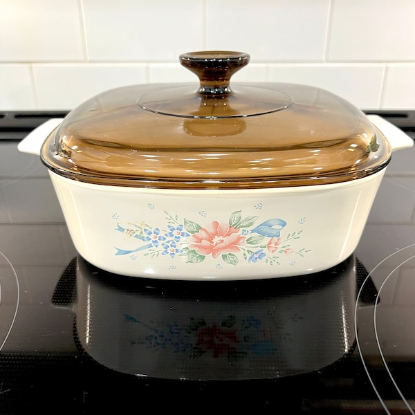 Corning Ware "Symphony" Casserole Dish, Floral on Cream Background, Original Brown Glass Lid, A-2-B, 2 Liter, 10" With Handles, 1990-1994
