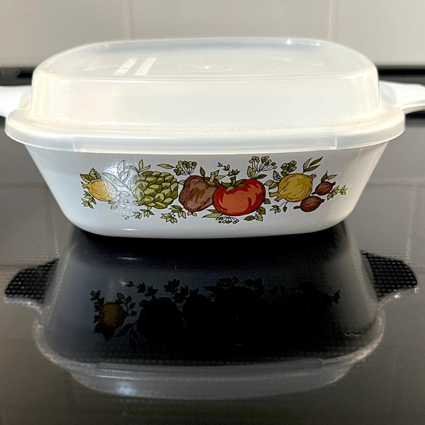 Corning Ware Spice of Life "Petit Pan" Small Casserole Dish with Original Plastic Lid, P-41-B, 5" X 1.5", Holds 1.75 Cups, VIntage 1970s