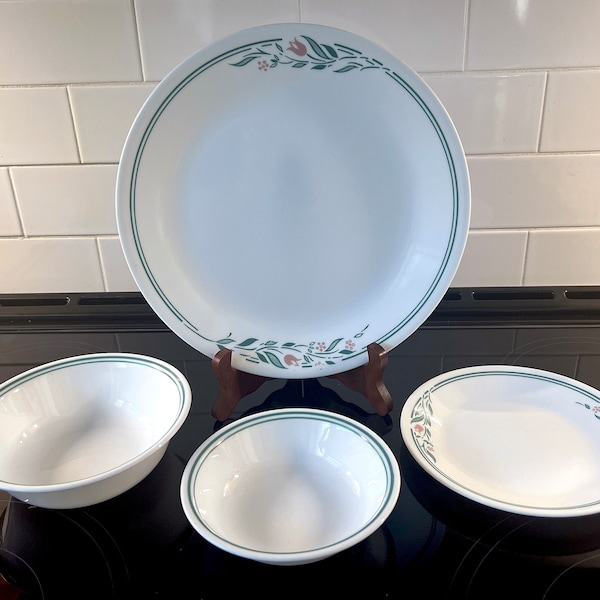 Corelle "Rosemarie" Set of 4 Dishes, Dinner Plate, Bread Plate, Cereal/Soup Bowl, Dessert Bowl, Vintage Corelle, Pink Tulips & Green Leaves