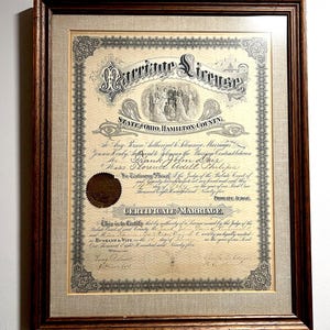 Authentic 1895 Marriage License/Marriage Certificate, Cincinnati, Ohio, Framed, Frank Dair & Florence Philips, Large, Work of Art