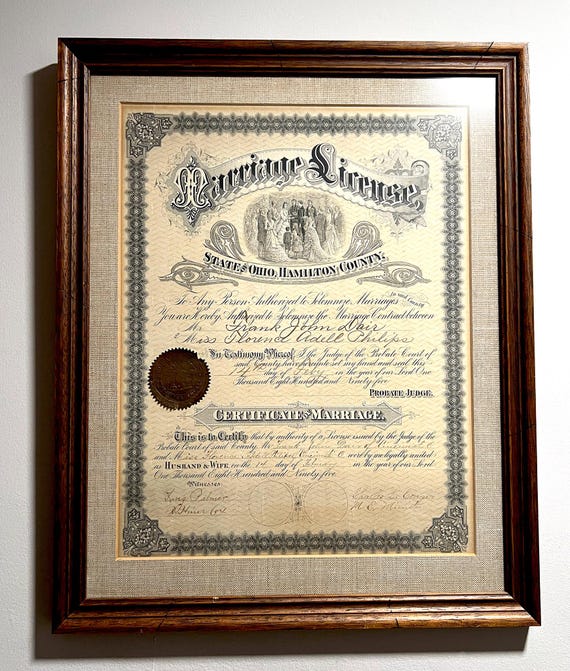 Framed Authentic 1895 Marriage License: Cincinnati, Ohio