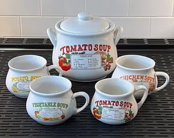 4 Vintage &quot;Vegetable&quot; Soup Mugs and Matching Tureen With Recipes, Ceramic, Potbelly Shape, Potato, Tomato, Vegetable, & Chicken Soup, 1970s