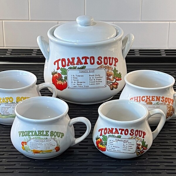 4 Vintage "Vegetable" Soup Mugs and Matching Tureen With Recipes, Ceramic, Potbelly Shape, Potato, Tomato, Vegetable, & Chicken Soup, 1970s