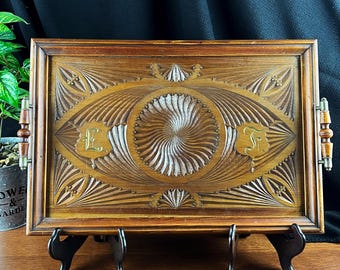 Vintage Hand-Carved Wood Serving Tray With Glass Insert: Geometric Design, Initials, 1940s