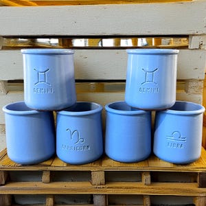 May include: Six light blue ceramic pots with zodiac symbols and names. The pots are arranged in two rows on a wooden pallet. The top row features Gemini, and the bottom row has Capricorn and Libra.