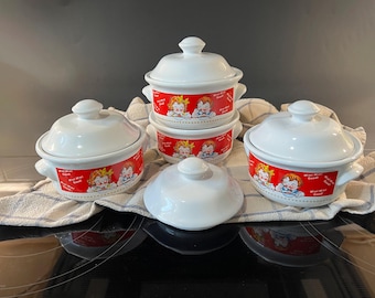 4 Campbell&#39;s Kids Ceramic Soup Bowls With Lids by Houston Harvest, Holds 16 Fluid Ounces, Vintage 1998