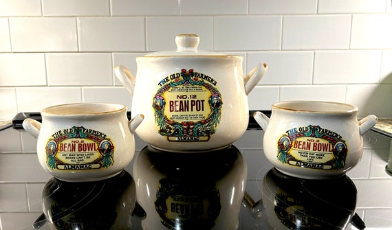 Vintage Ceramic Farmer's Almanac Bean Pot / Soup Crock With Lid