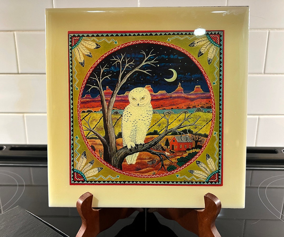 Diana Bryer Art Tile, Southwestern Art, Snowy Owl in Tree at Night ...